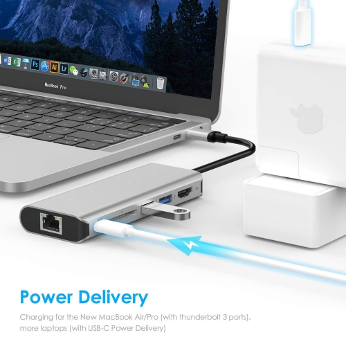 USB C Hub with 4K HDMI, SD Card Reader, 2 USB 3.0, Type C Charging & Gigabit Ethernet Compatible 2023-2016 MacBook Pro, New Mac Air/Surface, Stable