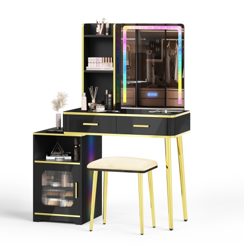 Vlsrka Makeup Vanity with Mirror, Makeup Desk With Drawers , Vanity Set with RGB LED Lights, Wireless Dressing Table With Charging Station for