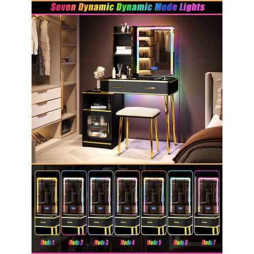 Vlsrka Makeup Vanity with Mirror, Makeup Desk With Drawers , Vanity Set with RGB LED Lights, Wireless Dressing Table With Charging Station for