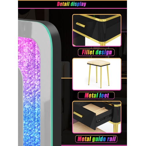 Vlsrka Makeup Vanity with Mirror, Makeup Desk With Drawers , Vanity Set with RGB LED Lights, Wireless Dressing Table With Charging Station for