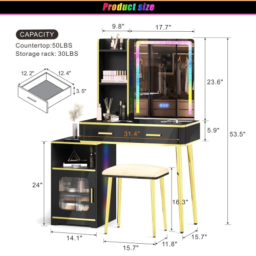 Vlsrka Makeup Vanity with Mirror, Makeup Desk With Drawers , Vanity Set with RGB LED Lights, Wireless Dressing Table With Charging Station for