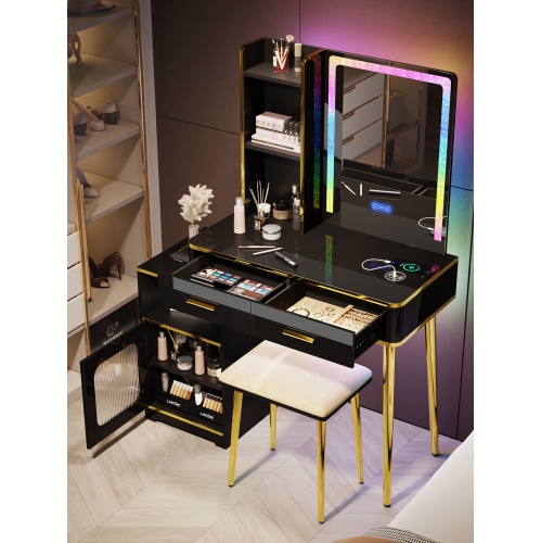 Vlsrka Makeup Vanity with Mirror, Makeup Desk With Drawers , Vanity Set with RGB LED Lights, Wireless Dressing Table With Charging Station for