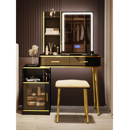 Vlsrka Makeup Vanity with Mirror, Makeup Desk With Drawers , Vanity Set with RGB LED Lights, Wireless Dressing Table With Charging Station for