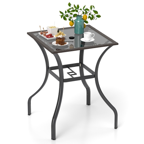 Gymax 28.5'' Square Bistro Bar Table w/ 2'' Umbrella Hole Silkscreen Glass Tabletop