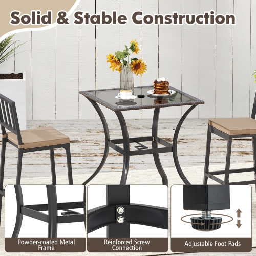 Gymax 28.5'' Square Bistro Bar Table w/ 2'' Umbrella Hole Silkscreen Glass Tabletop