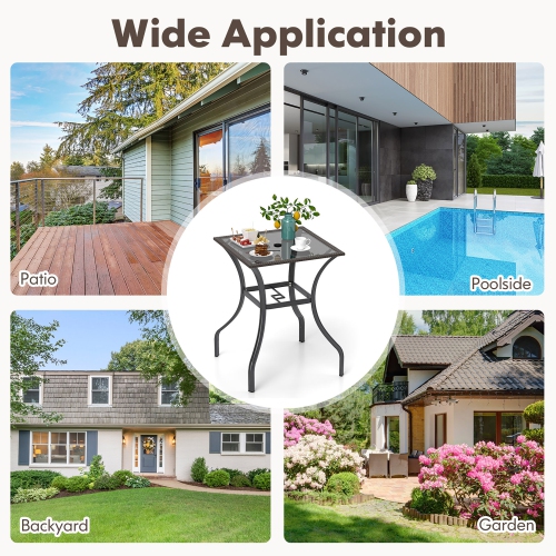 Gymax 28.5'' Square Bistro Bar Table w/ 2'' Umbrella Hole Silkscreen Glass Tabletop