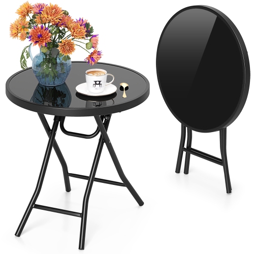 Gymax Round Folding Side Table 18 Inch Patio Coffee Table w/ Tempered Glass Tabletop