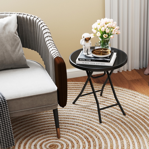 Gymax Round Folding Side Table 18 Inch Patio Coffee Table w/ Tempered Glass Tabletop