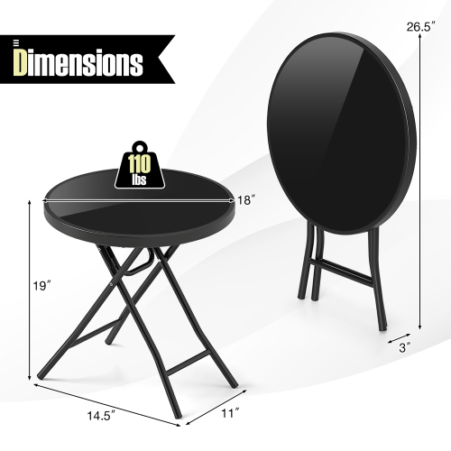 Gymax Round Folding Side Table 18 Inch Patio Coffee Table w/ Tempered Glass Tabletop