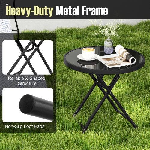 Gymax Round Folding Side Table 18 Inch Patio Coffee Table w/ Tempered Glass Tabletop