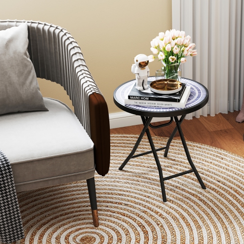 Gymax Round Folding Side Table 18 Inch Patio Coffee Table w/ Tempered Glass Tabletop