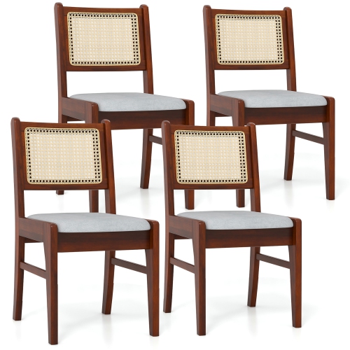 GYMAX  4PCs Rattan Dining Chairs Upholstered Kitchen Chairs W/ Rubber Wood Frame