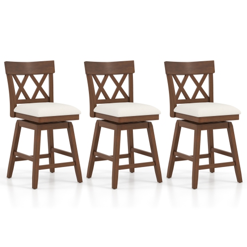 GYMAX  26" Bar Stool Wooden Chair Set Of 3 W/contoured Backrest Swivel Padded Seat