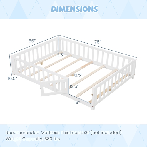 Gymax Full Size Floor Bed Montessori Bed Frame w/ Full-length Guardrails & Safety Door White