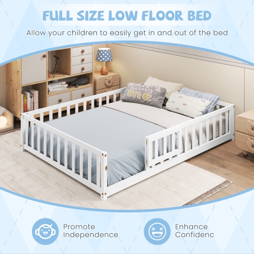 Gymax Full Size Floor Bed Montessori Bed Frame w/ Full-length Guardrails & Safety Door White
