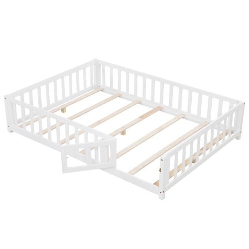 Gymax Full Size Floor Bed Montessori Bed Frame w/ Full-length Guardrails & Safety Door White