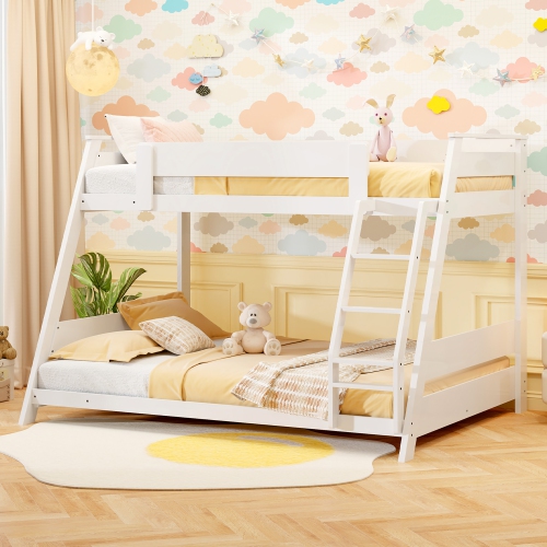 GYMAX  Twin Over Full Low Bunk Bed Solid Wooden Floor Bunk Bed W/ Reversible Ladder