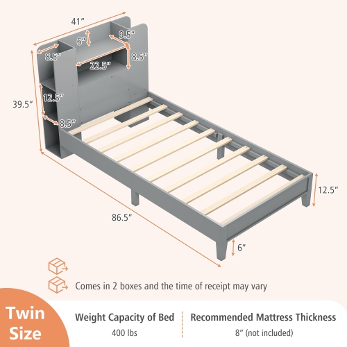 Gymax Twin Size Bed Frame Wooden Platform Bed Kids Bed Frame w/ Bookcase Headboard