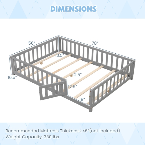 Gymax Full Size Floor Bed Montessori Bed Frame w/ Full-length Guardrails & Safety Door Gray