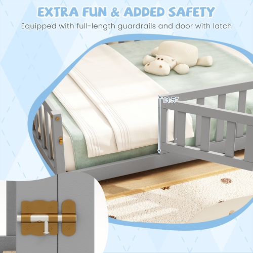 Gymax Full Size Floor Bed Montessori Bed Frame w/ Full-length Guardrails & Safety Door Gray