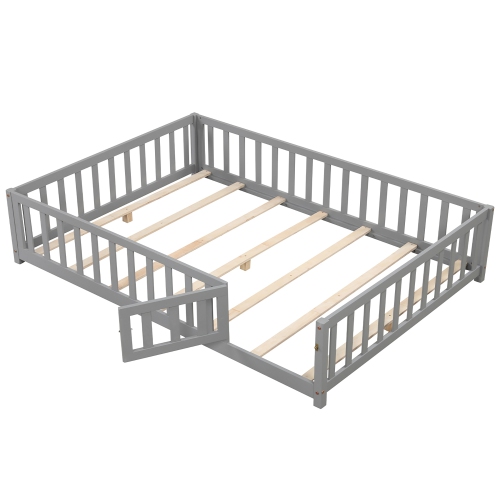 Gymax Full Size Floor Bed Montessori Bed Frame w/ Full-length Guardrails & Safety Door Gray