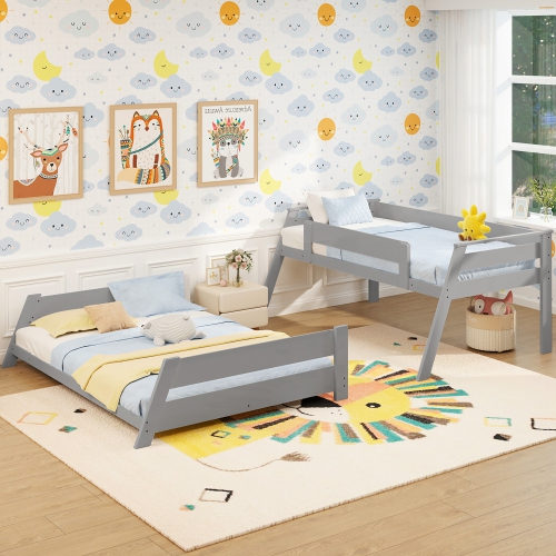 Gymax Twin Over Full Low Bunk Bed Solid Wooden Floor Bunk Bed w/ Reversible Ladder