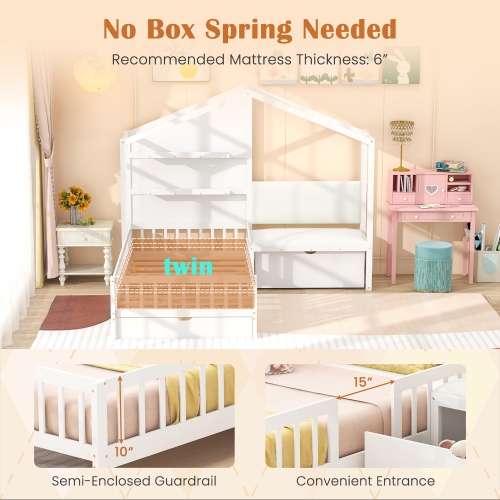 Gymax Twin Size House Bed Kids Platform Bed w/ Padded Bench & Floating Shelves