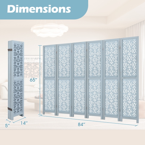 Gymax 6-Panel Wooden Room Divider w/ Carved Cutout Pattern & Solid Wood Frame