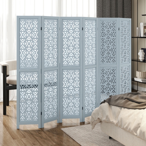 Gymax 6-Panel Wooden Room Divider w/ Carved Cutout Pattern & Solid Wood Frame