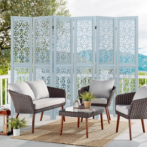 Gymax 6-Panel Wooden Room Divider w/ Carved Cutout Pattern & Solid Wood Frame