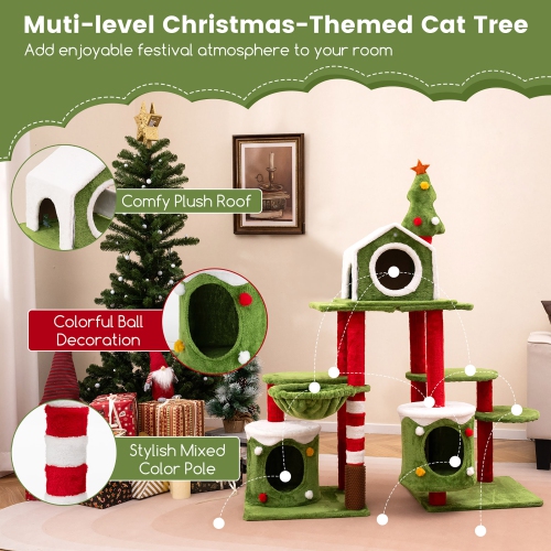 Gymax 48'' Mushroom Cat Tree for Indoor Cats w/ 2 Cute Condos Plush Perch Teasing Balls