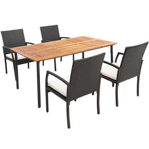 GYMAX  5PCs Wicker Dining Set Cushion Armchairs Acacia Wood Table Umbrella Hole Patio