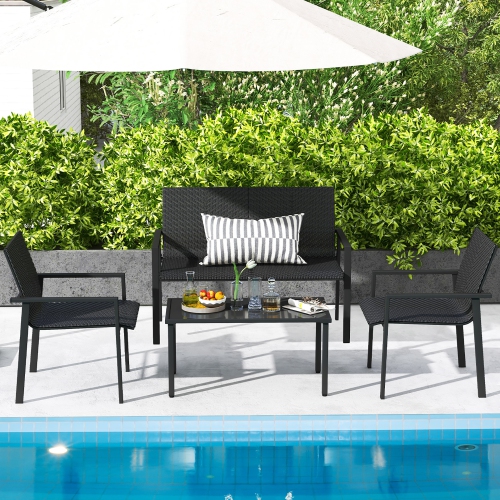 Gymax 4 PCS Patio Furniture Set Heavy Duty Galvanized Metal Frame Wicker Table Black