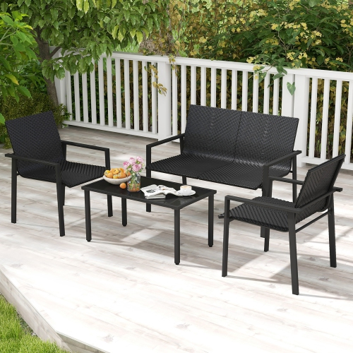 Gymax 4 PCS Patio Furniture Set Heavy Duty Galvanized Metal Frame Wicker Table Black