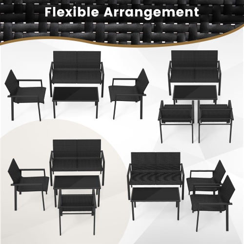 Gymax 4 PCS Patio Furniture Set Heavy Duty Galvanized Metal Frame Wicker Table Black