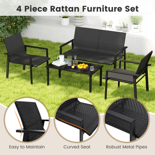 Gymax 4 PCS Patio Furniture Set Heavy Duty Galvanized Metal Frame Wicker Table Black