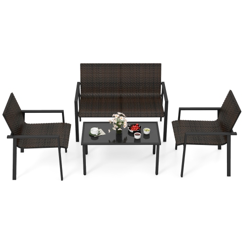 Gymax 4 PCS Patio Furniture Set Heavy Duty Galvanized Metal Frame Wicker Table Black