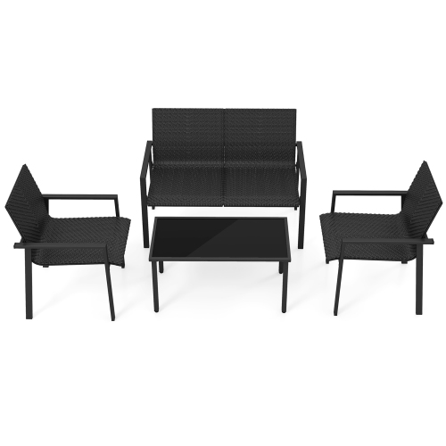 Gymax 4 PCS Patio Furniture Set Heavy Duty Galvanized Metal Frame Wicker Table Black