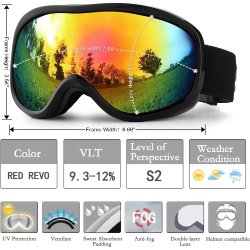 PetginHome-OTG Ski Goggles,Snowboard Goggle Anti-Fog UV Protection Snow Goggles for Youth Men Women