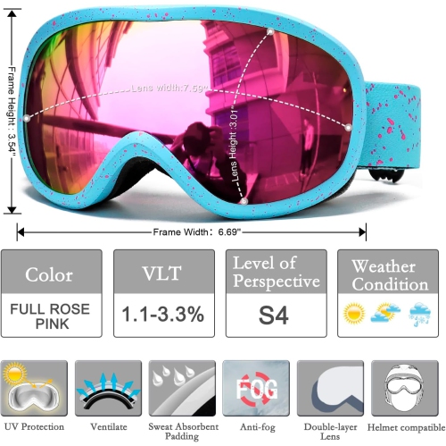 PetginHome-OTG Ski Goggles,Snowboard Goggle Anti-Fog UV Protection Snow Goggles for Youth Men Women