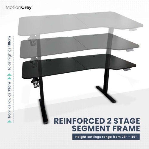 MotionGrey Ergo2 – Bureau debout électrique en L ajustable droit avec réglages de mémoire – Cadre noir supérieur 63 x 24&nbsp;po – Bureau ergonomique