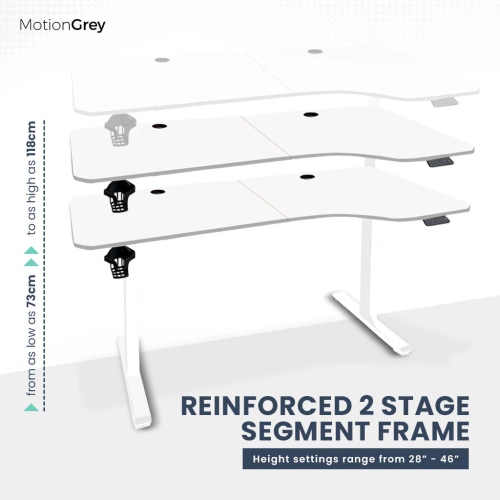 MotionGrey Ergo2 – Bureau debout électrique droit ajustable en L avec réglages de mémoire – Cadre blanc supérieur 63 x 24&nbsp;po – Bureau
