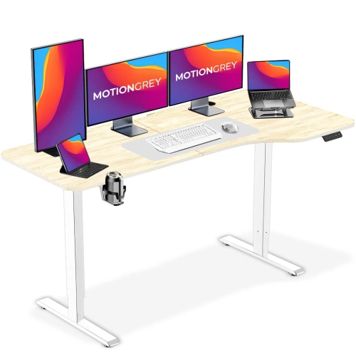 MotionGrey Ergo2 - Adjustable Right L-Shaped Electric Standing Desk with Memory Settings-63" x 24" Light Brown Top White Frame Ergonomic Desk for