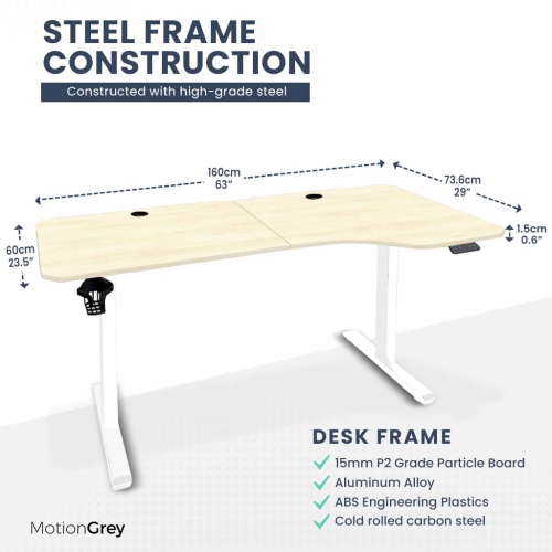 MotionGrey Ergo2 – Bureau debout électrique ajustable en L droit avec réglages de mémoire – Bureau ergonomique avec dessus blanc clair de 63 x