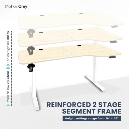 MotionGrey Ergo2 – Bureau debout électrique ajustable en L droit avec réglages de mémoire – Bureau ergonomique avec dessus blanc clair de 63 x