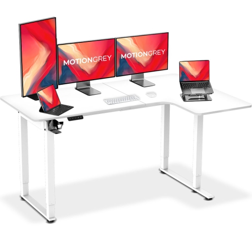 MotionGrey Ergo2 Pro - Adjustable Right L-Shaped Electric Standing Desk with Memory Settings-63" x 43" White Top White Frame - Ergonomic Desk for