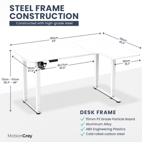 MotionGrey Ergo2 Pro - Adjustable Right L-Shaped Electric Standing Desk with Memory Settings-63" x 43" White Top White Frame - Ergonomic Desk for