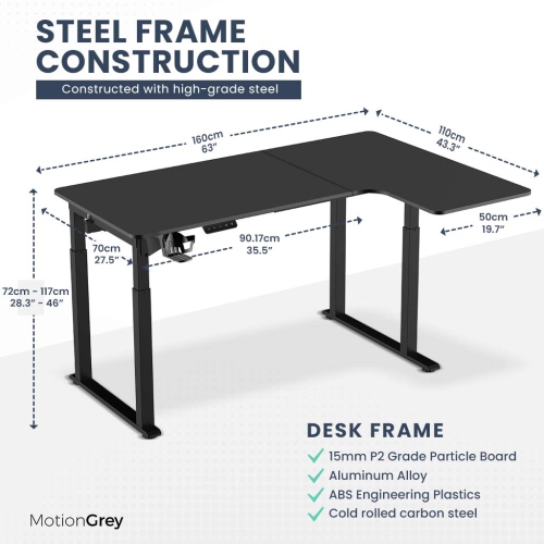 MotionGrey Ergo2 Pro - Adjustable Right L-Shaped Electric Standing Desk with Memory Settings-63" x 43" Black Top Black Frame - Ergonomic Desk for