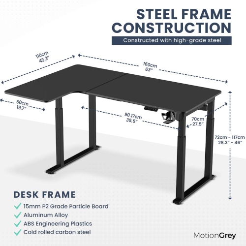MotionGrey Ergo2 Pro - Adjustable Left L-Shaped Electric Standing Desk with Memory Settings-63" x 43" Black Top Black Frame - Ergonomic Desk for Home