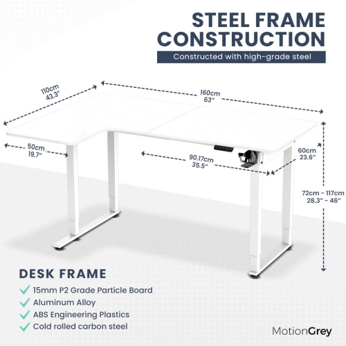 MotionGrey Ergo2 Pro - Adjustable Left L-Shaped Electric Standing Desk with Memory Settings-63" x 43" White Top White Frame - Ergonomic Desk for Home